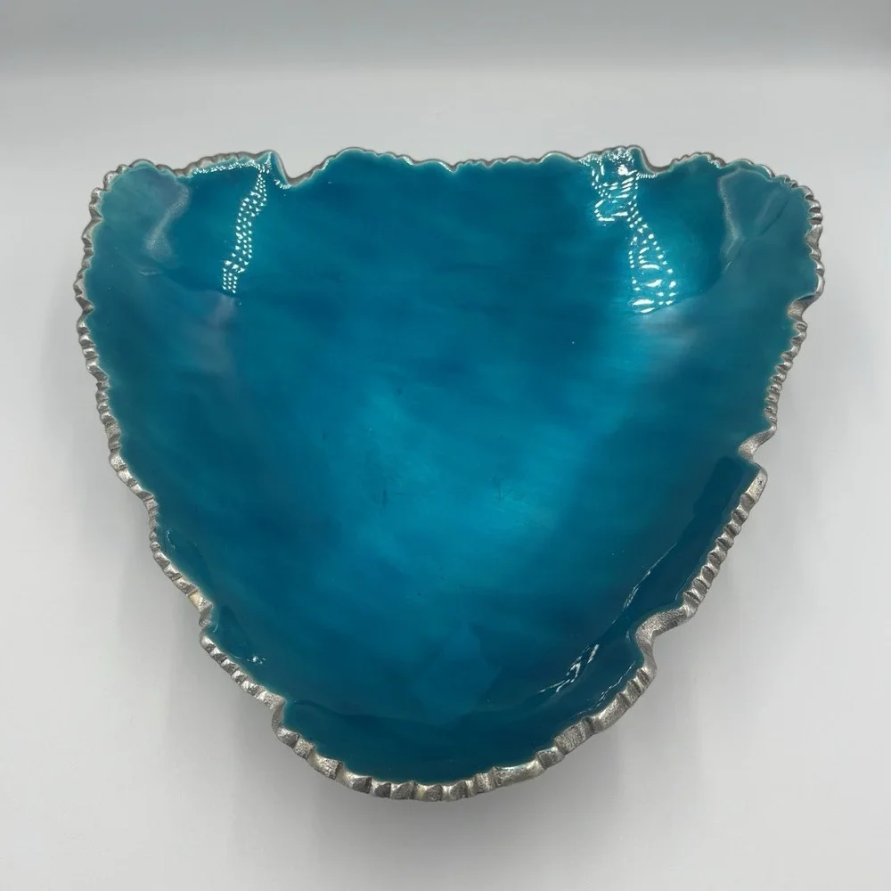 Vintage MCM Blue Enamel‎ Silver Aluminum Triangle Dish With Rigged Edges RETRO